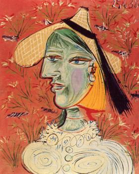 Pablo Picasso : woman in a straw hat against a flowered background